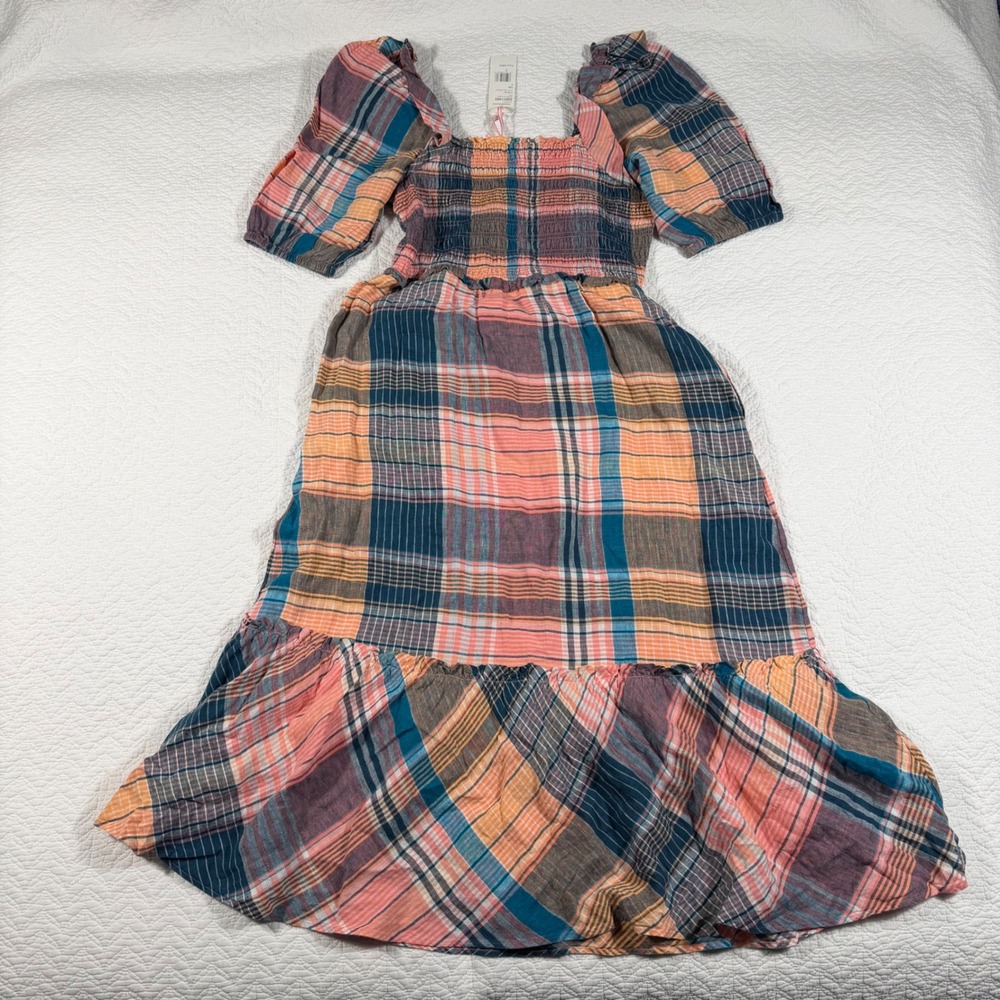 Vineyard Vines Womens Plaid Smocked Puff Sleeve Linen Midi Dress Mallard Blue M - Picture 3 of 12
